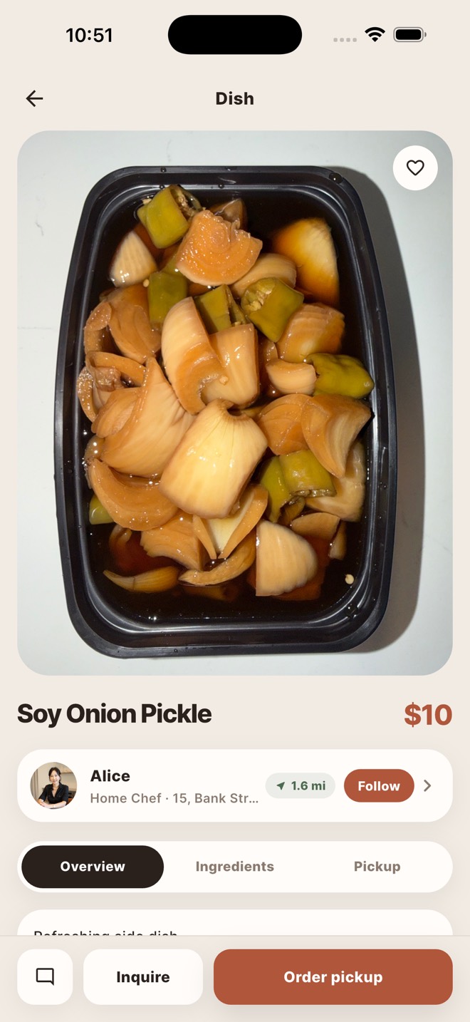A dish page in Food(ie), showing Soy Onion Pickle at $10 with the cook's profile and an ingredients tab.