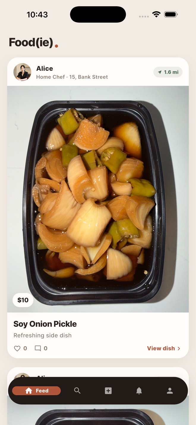 The Food(ie) feed, showing dishes posted by a nearby home cook.