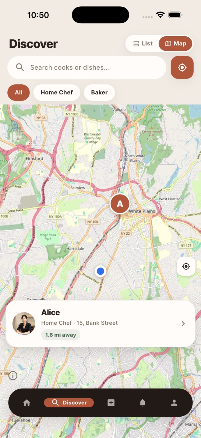 The Discover map in Food(ie), with a cook pinned nearby and their card showing the distance away.