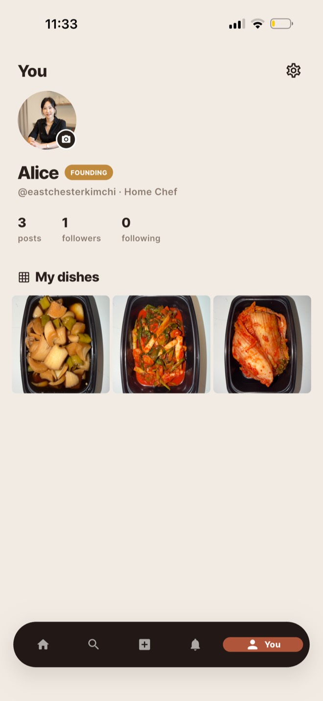 A cook's profile in Food(ie), showing their dishes, follower count and seller badge.